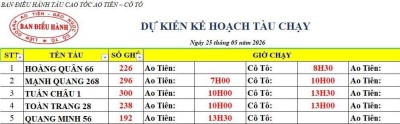 Lịch tàu cao tốc Ao Tiên - Cô Tô 25/5/2026