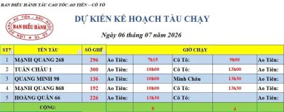 Lịch chạy tàu Ao Tiên - Cô Tô 6/7/2026