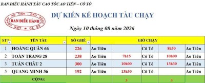 Lịch chạy tàu Ao Tiên - Cô Tô 10/8/2026
