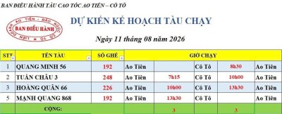 Lịch chạy tàu Ao Tiên - Cô Tô 11/8/2026