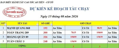 Lịch chạy tàu Ao Tiên - Cô Tô 15/8/2026