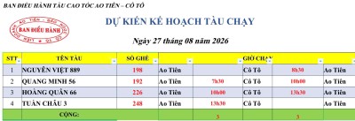 Lịch chạy tàu Ao Tiên - Cô Tô 27/8/2026