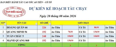 Lịch chạy tàu Ao Tiên - Cô Tô 28/8/2026