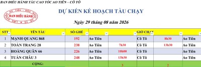 Lịch chạy tàu Ao Tiên - Cô Tô 29/8/2026