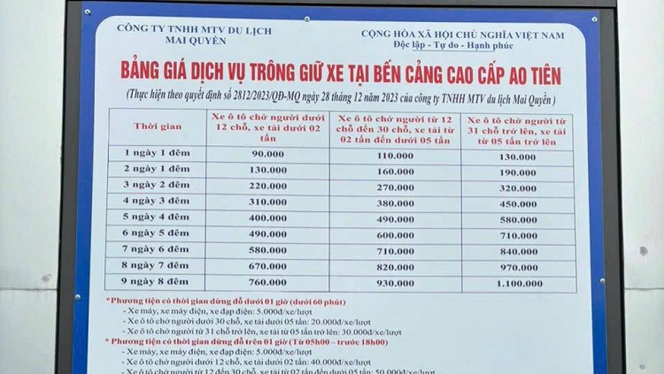 Bảng Giá Gửi Xe Tại Cảng Ao Tiên 2026
